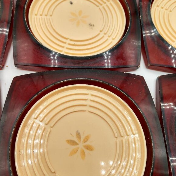 MCM Vintage Coasters set of 8 W/Metal Stand Plastic Amber with Cream Center - Picture 7 of 14